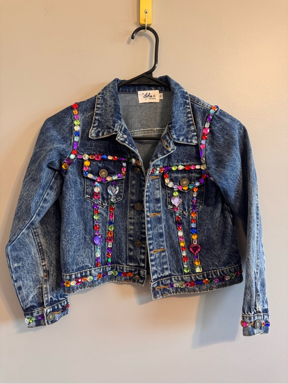 Lola + The Boys Dark Blue Denim Jacket with Multicolored Jewel Embellishments
